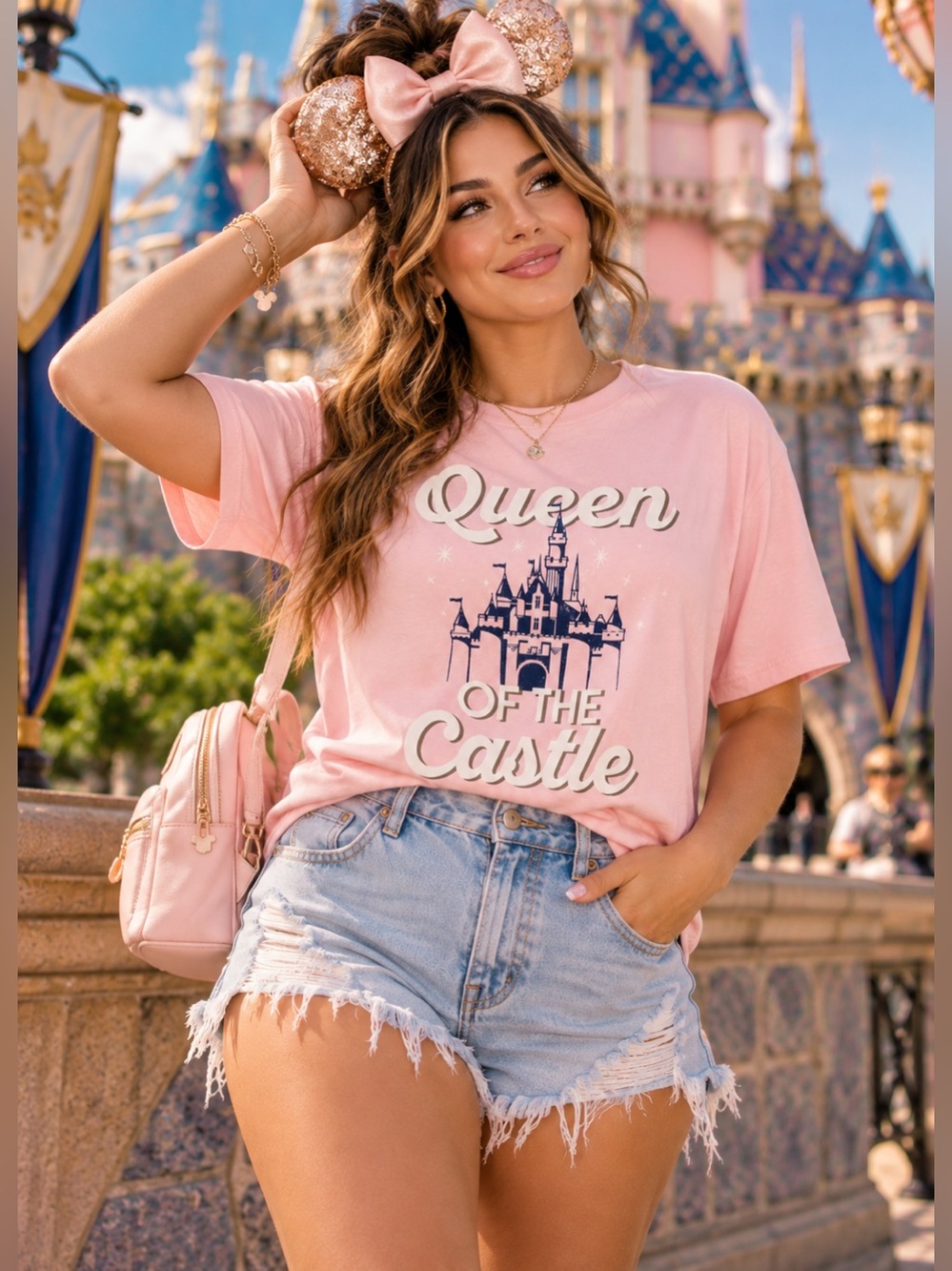 DISNEY PARKS Queen of the Castle Sparkle Grapjic Tee Pink Castle Princess Sz L